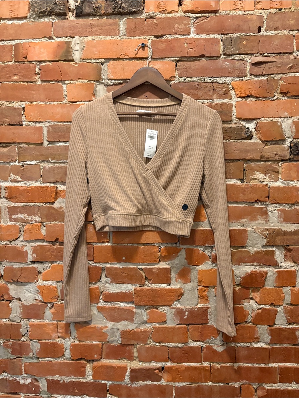 Abercrombie Wrap Rib-Knit Long Sleeve Top - Beige
